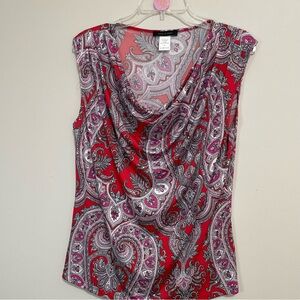 Jennie & Marlis Red Paisley Cowl Neck Blouse~ Size Large ~ Professional